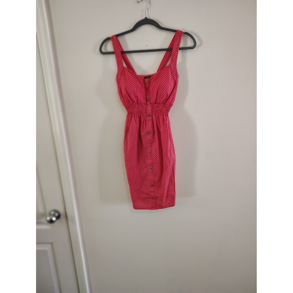 Rhapsody Womens Red Black Polka Dot Smocked Waist Button‎ Front Mini Dress Small